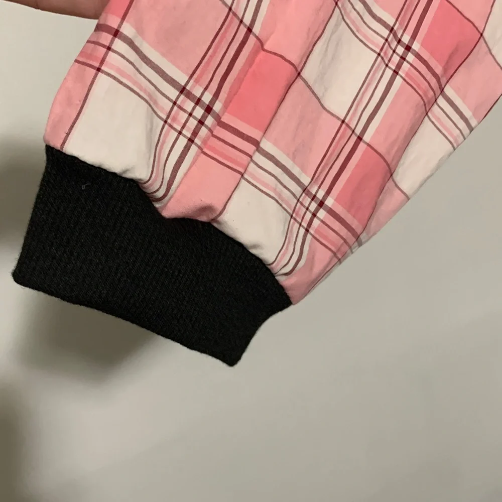 Upcycled Black Hoodie with Pink Distressed Bow Graphic  & Pink Plaid Sleeves - Picture 5 of 9